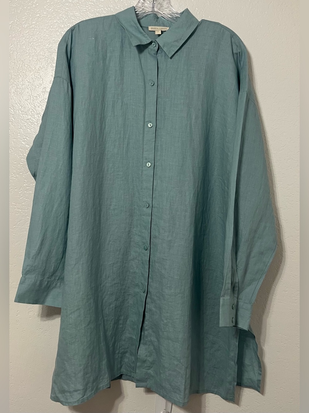 Eileen Fisher Organic Linen Oversized Button Front Tunic Shirt | Sage Green S/P - Picture 2 of 6